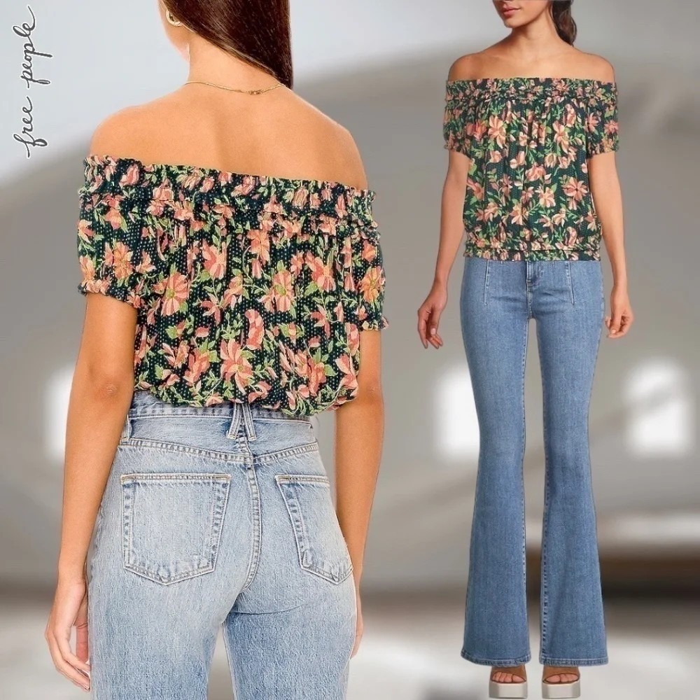 FREE PEOPLE Suki Floral Print Short-Puff-Sleeve Off-The-Shoulder Top MD NWT